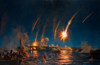 The image depicts a dramatic naval battle scene with multiple ships firing cannons and explosions in the background, under a vividly lit sun.